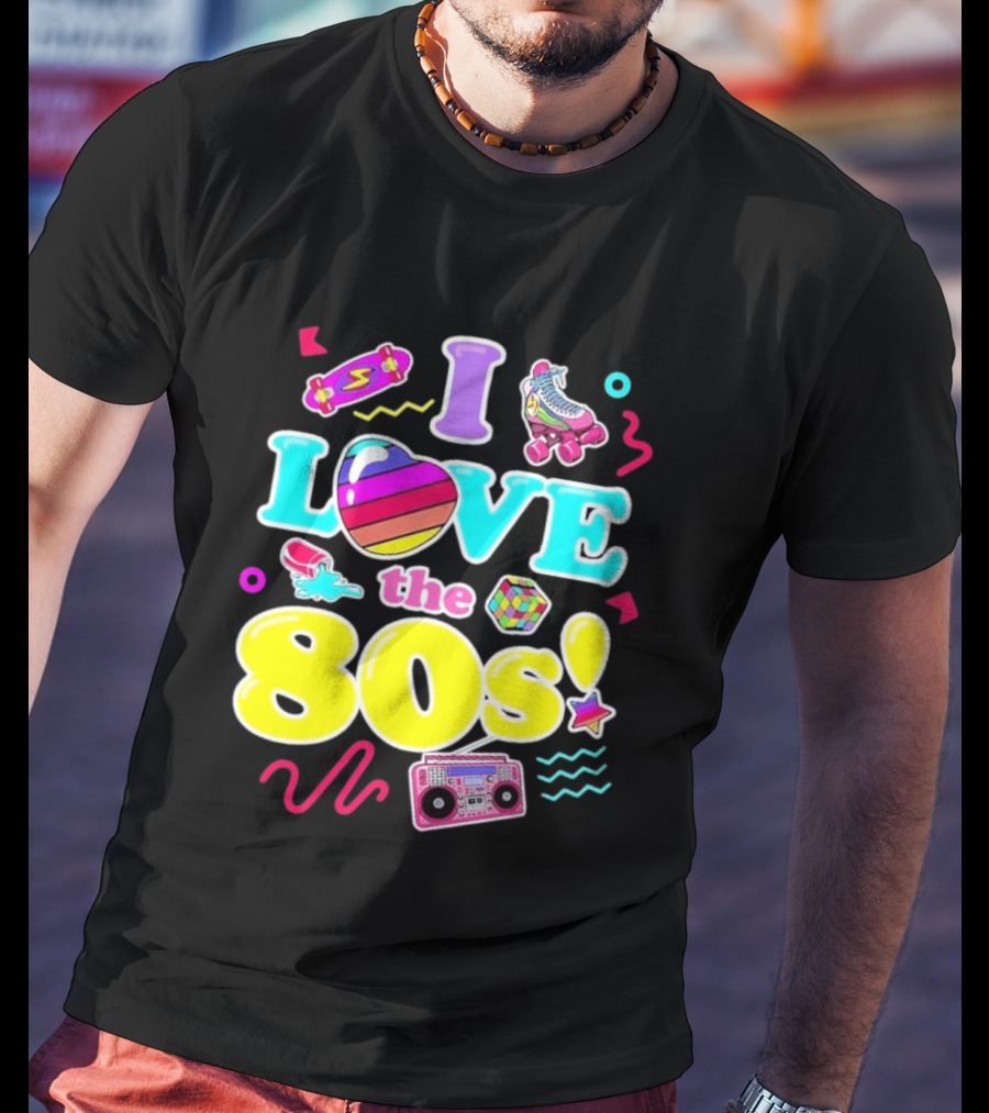 I Love The 80s Nostalgia Roller Skates Boombox Rubik's Cube Retro Fun T-Shirt