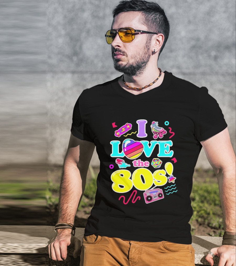 I Love The 80s Nostalgia Roller Skates Boombox Rubik's Cube Retro Fun T-Shirt