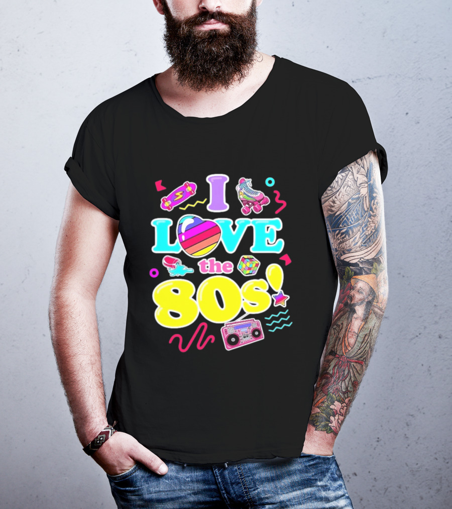 I Love The 80s Nostalgia Roller Skates Boombox Rubik's Cube Retro Fun T-Shirt