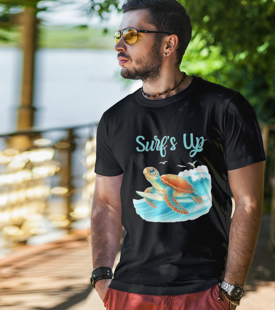 Surf's Up Turtle Riding Surfboard On Big Wave T-Shirt