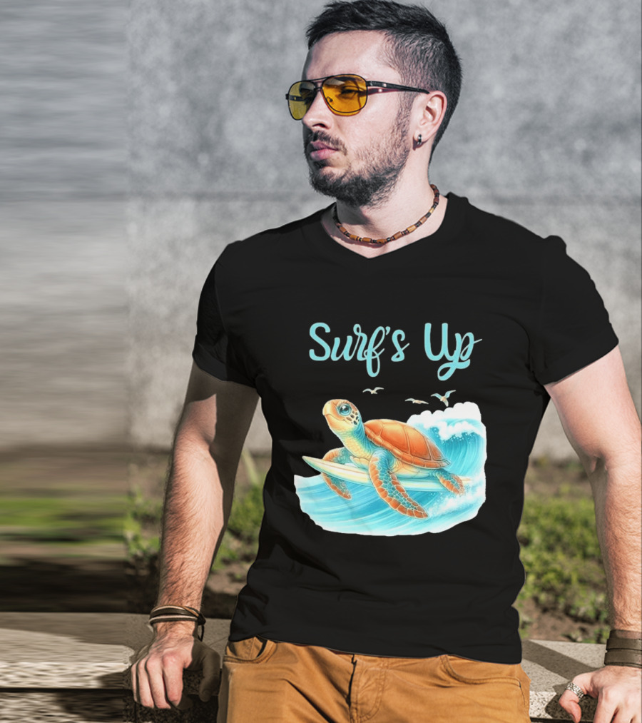 Surf's Up Turtle Riding Surfboard On Big Wave T-Shirt