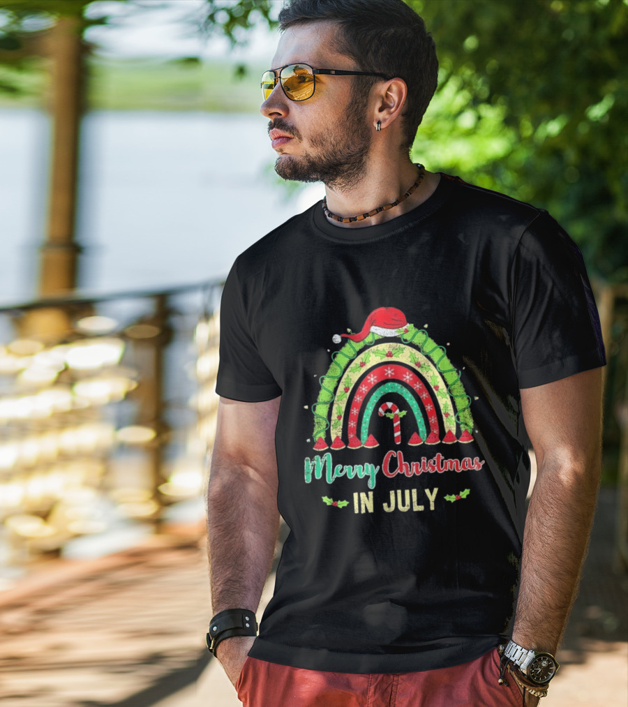Merry Christmas In July Distressed Rainbow With Santa Hat And Candy Cane T-Shirt