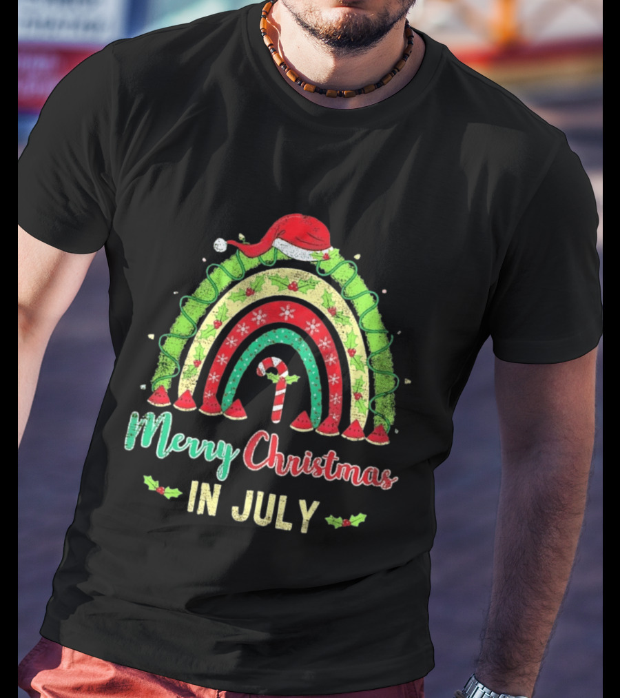 Merry Christmas In July Distressed Rainbow With Santa Hat And Candy Cane T-Shirt