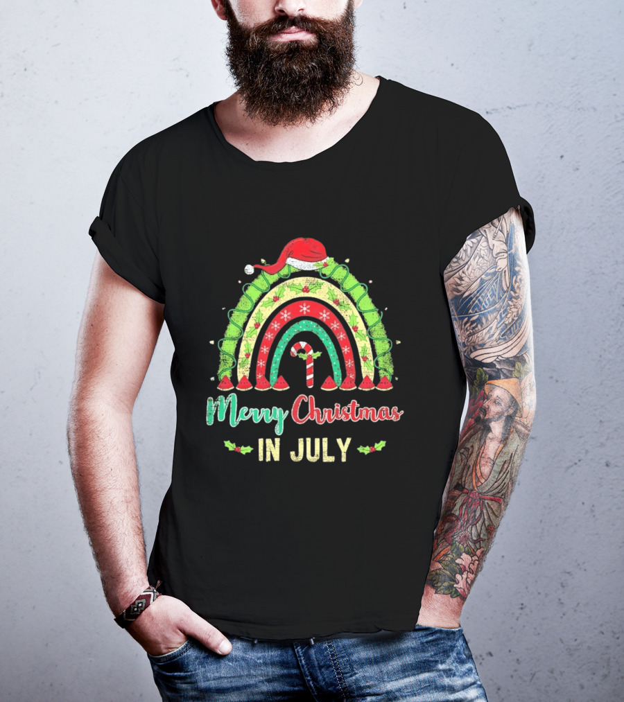 Merry Christmas In July Distressed Rainbow With Santa Hat And Candy Cane T-Shirt
