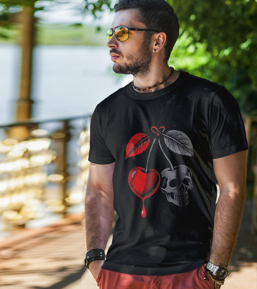 Bleeding Cherry Skull Memento Mori Gothic Macabre Dark Fruit T-Shirt