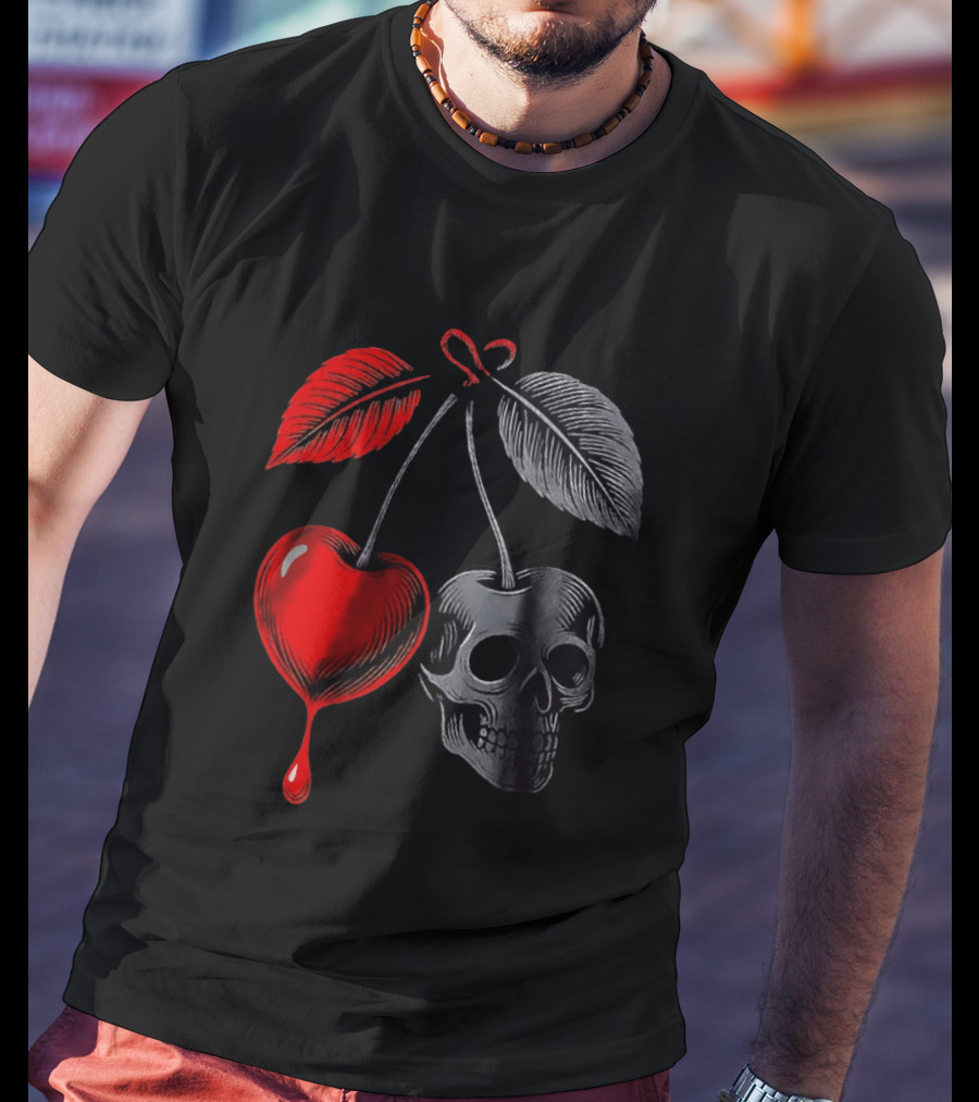 Bleeding Cherry Skull Memento Mori Gothic Macabre Dark Fruit T-Shirt