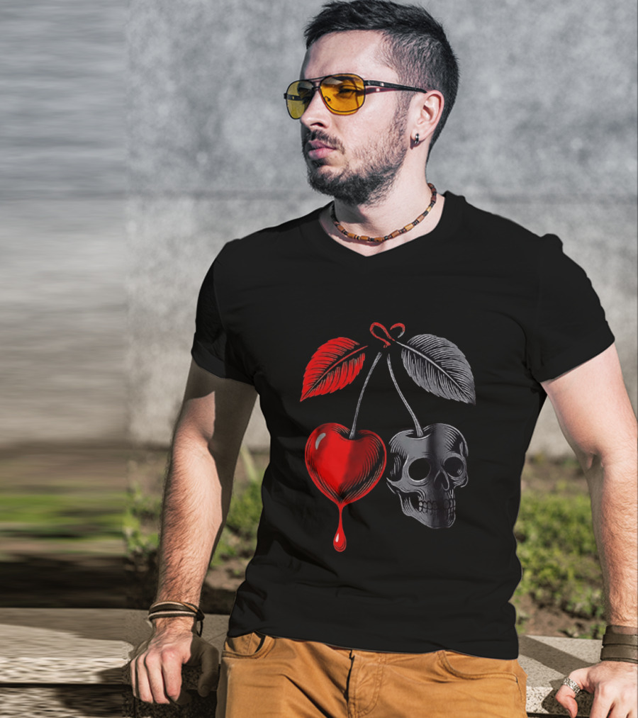 Bleeding Cherry Skull Memento Mori Gothic Macabre Dark Fruit T-Shirt