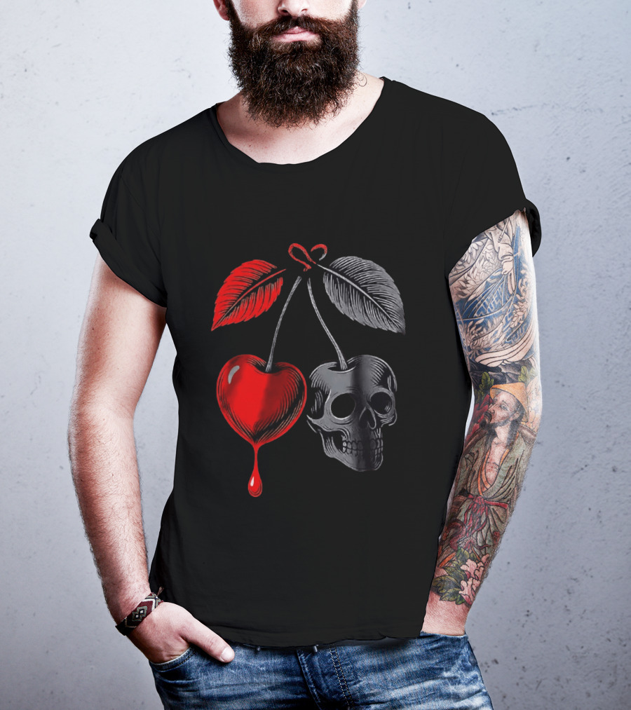 Bleeding Cherry Skull Memento Mori Gothic Macabre Dark Fruit T-Shirt