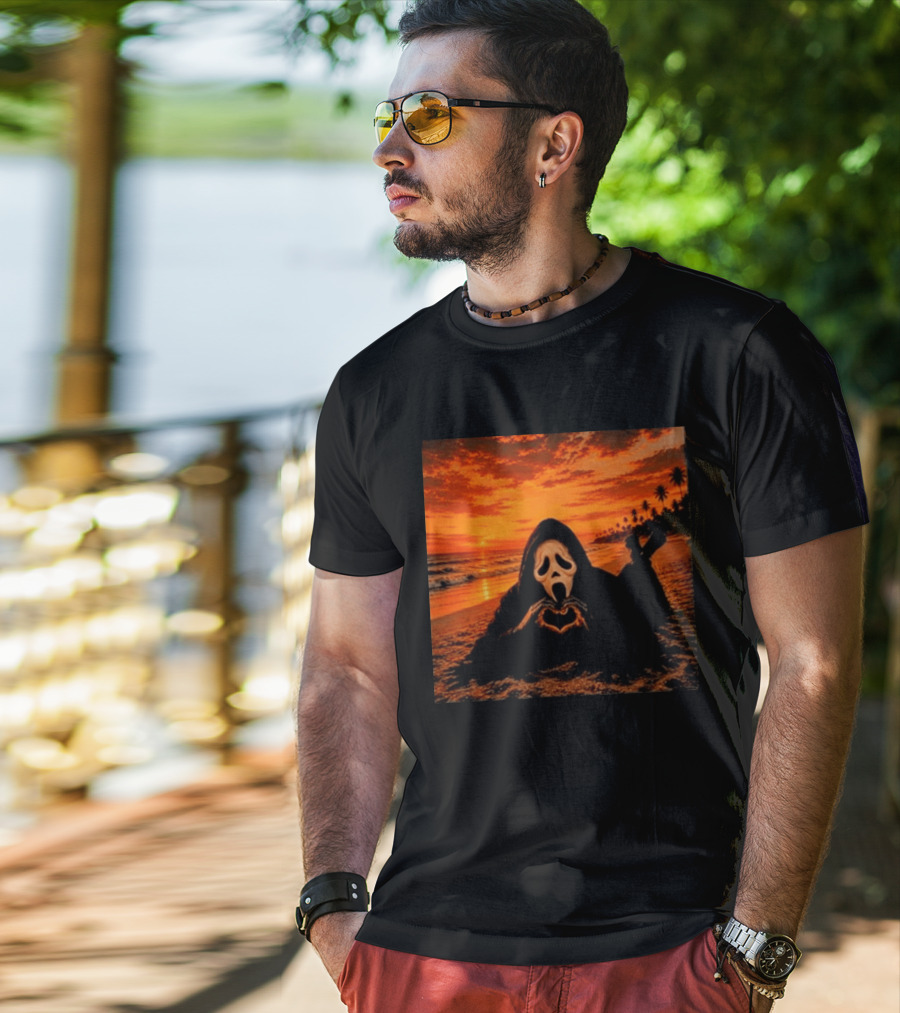 Ghostface Heart Hands Beach Sunset Halloween 2026 T-Shirt