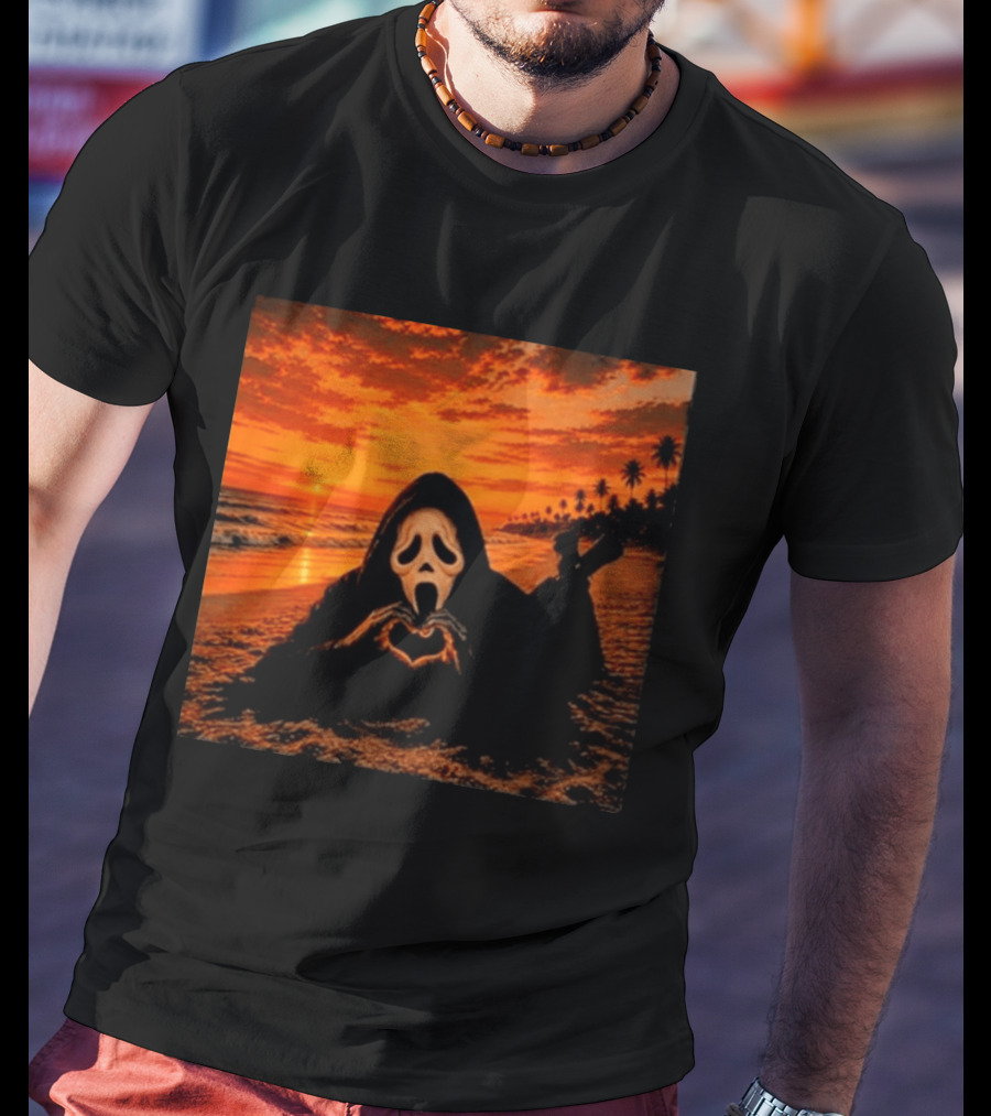 Ghostface Heart Hands Beach Sunset Halloween 2026 T-Shirt