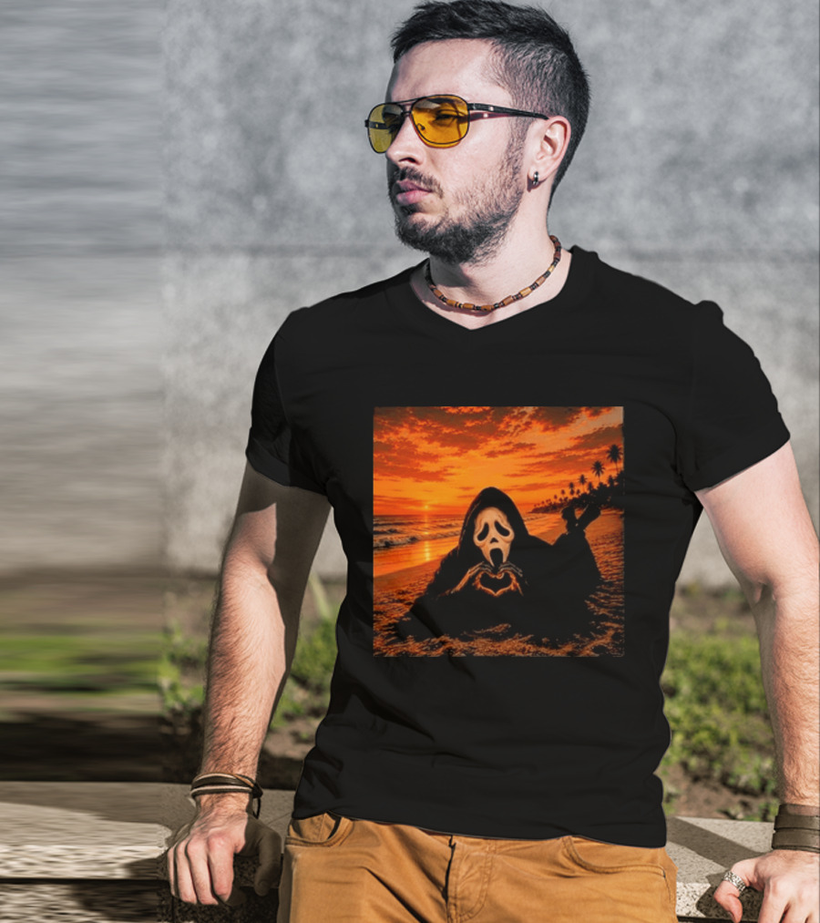Ghostface Heart Hands Beach Sunset Halloween 2026 T-Shirt