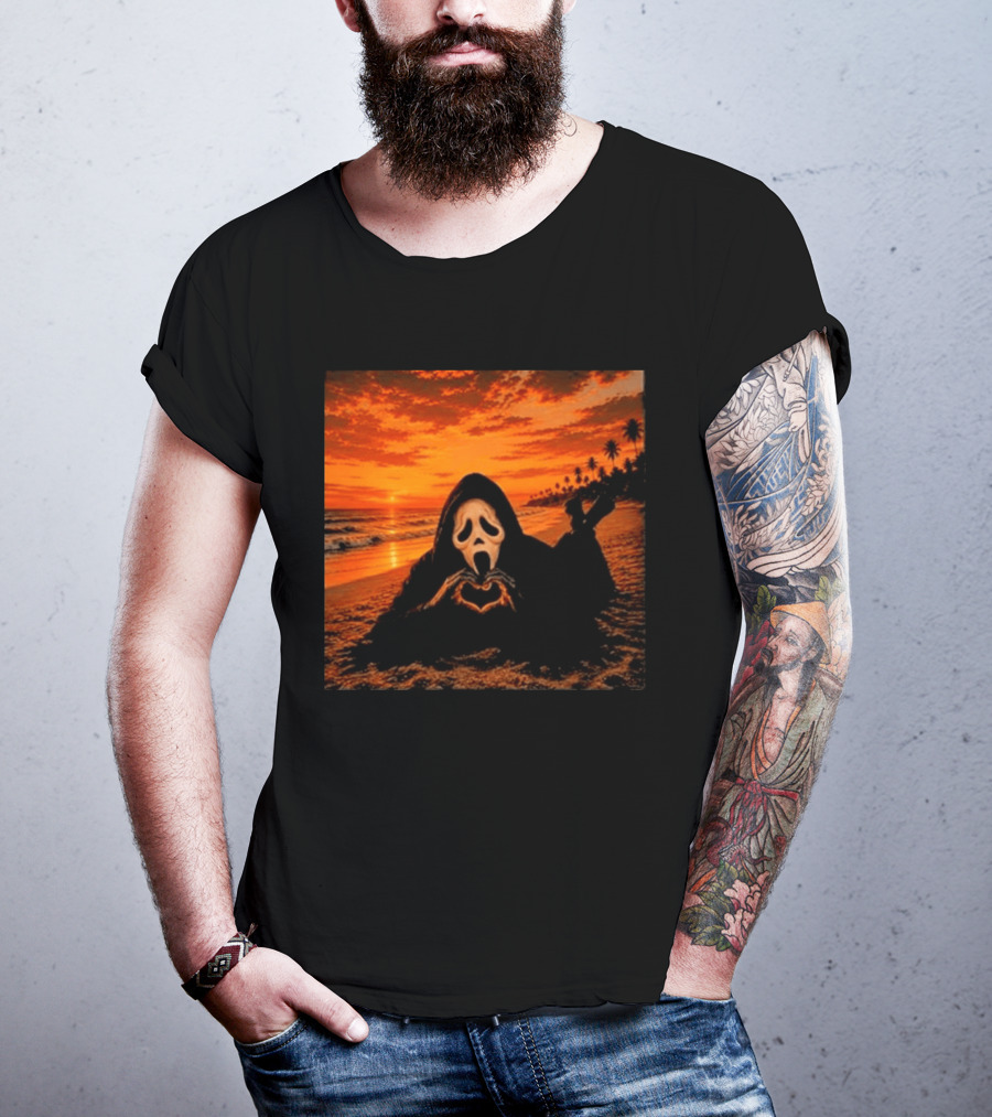 Ghostface Heart Hands Beach Sunset Halloween 2026 T-Shirt