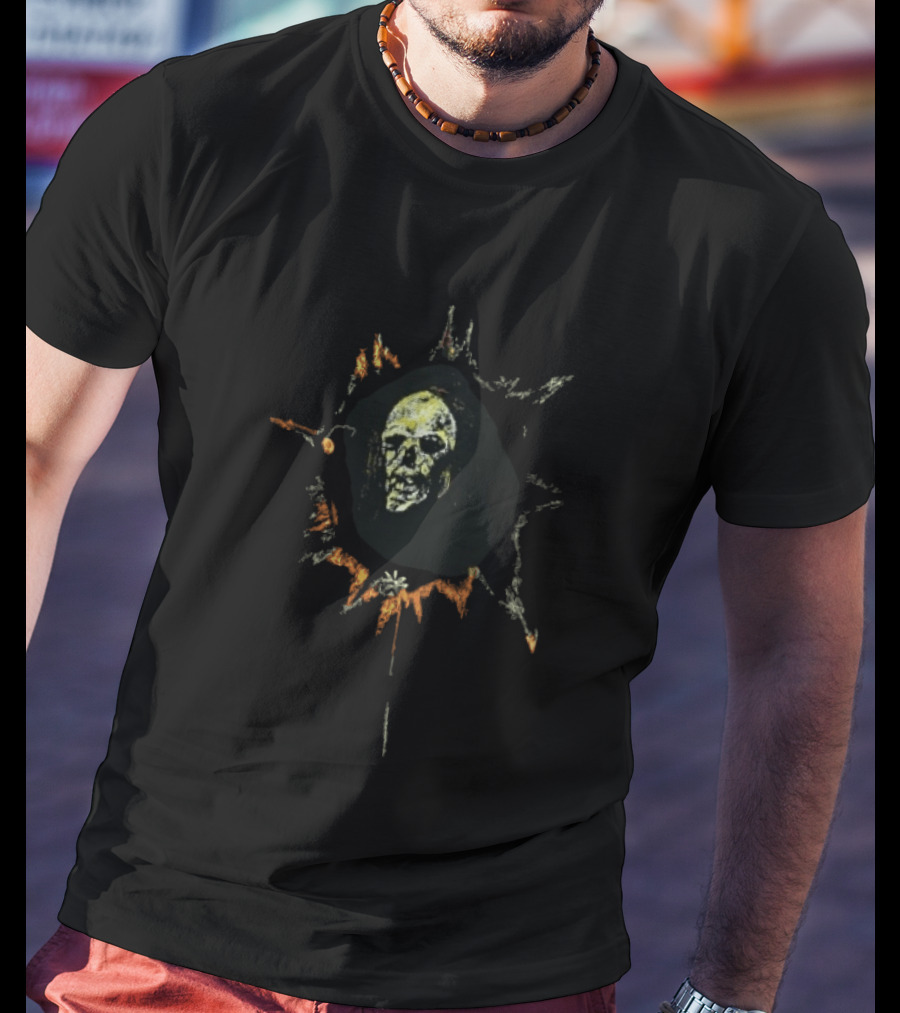 Yellow Spiky Sunburst Frame Hooded Skull Face Distressed Sketch T-Shirt