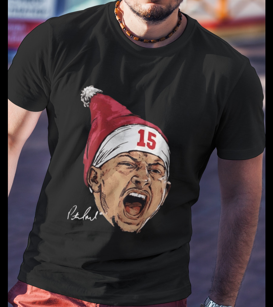 Pat Mahomes Screaming Face Red Santa Hat Number 15 Halftone Caricature T-Shirt