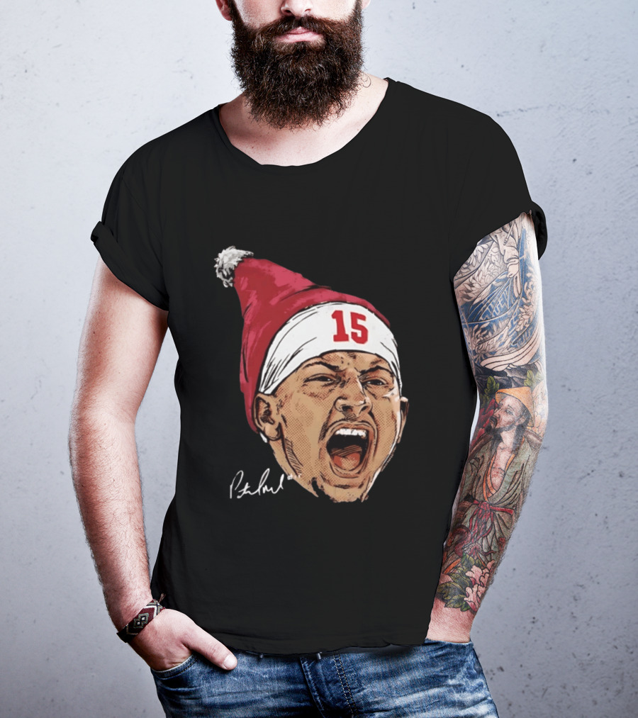 Pat Mahomes Screaming Face Red Santa Hat Number 15 Halftone Caricature T-Shirt