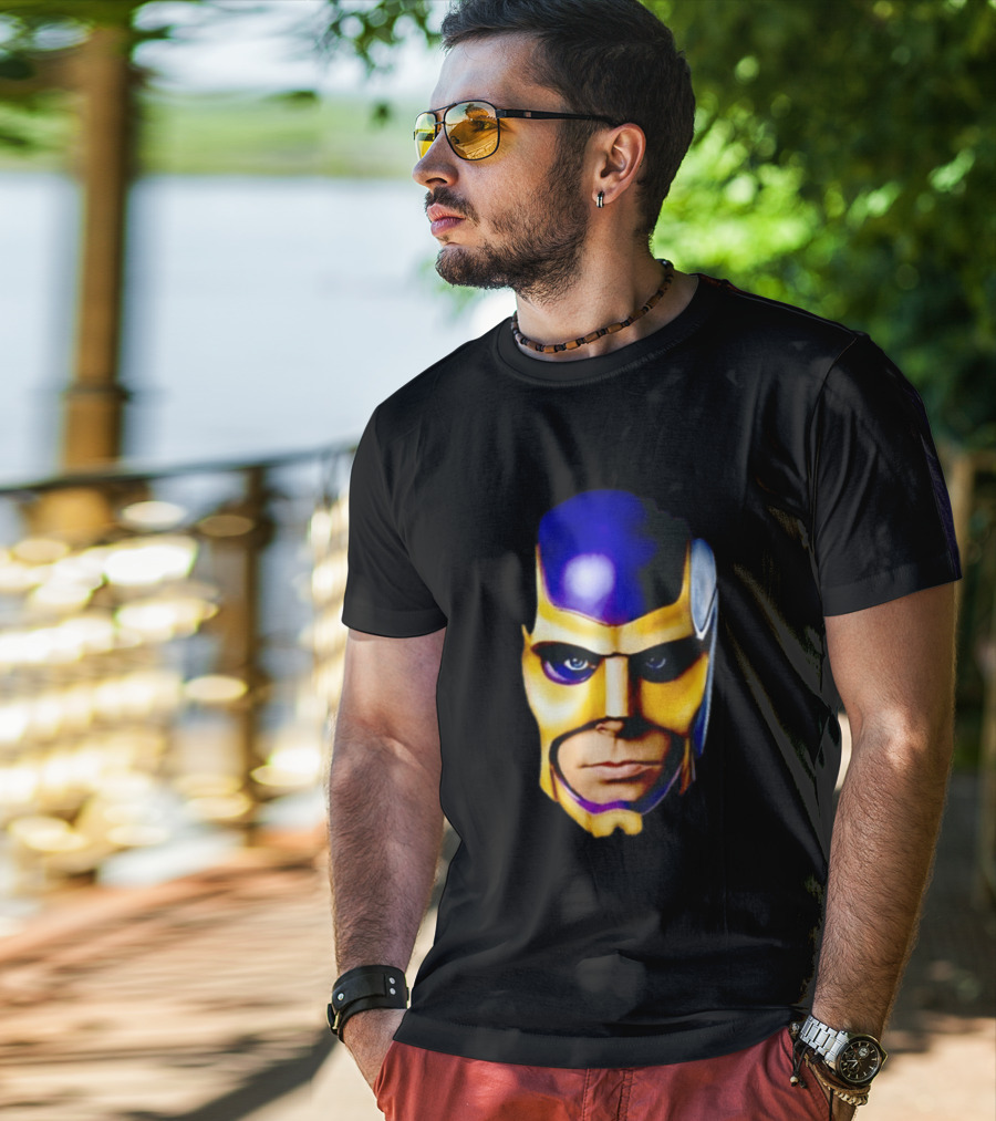 Realistic Painted Purple Gold Superhero Mask Face Close Up T-Shirt