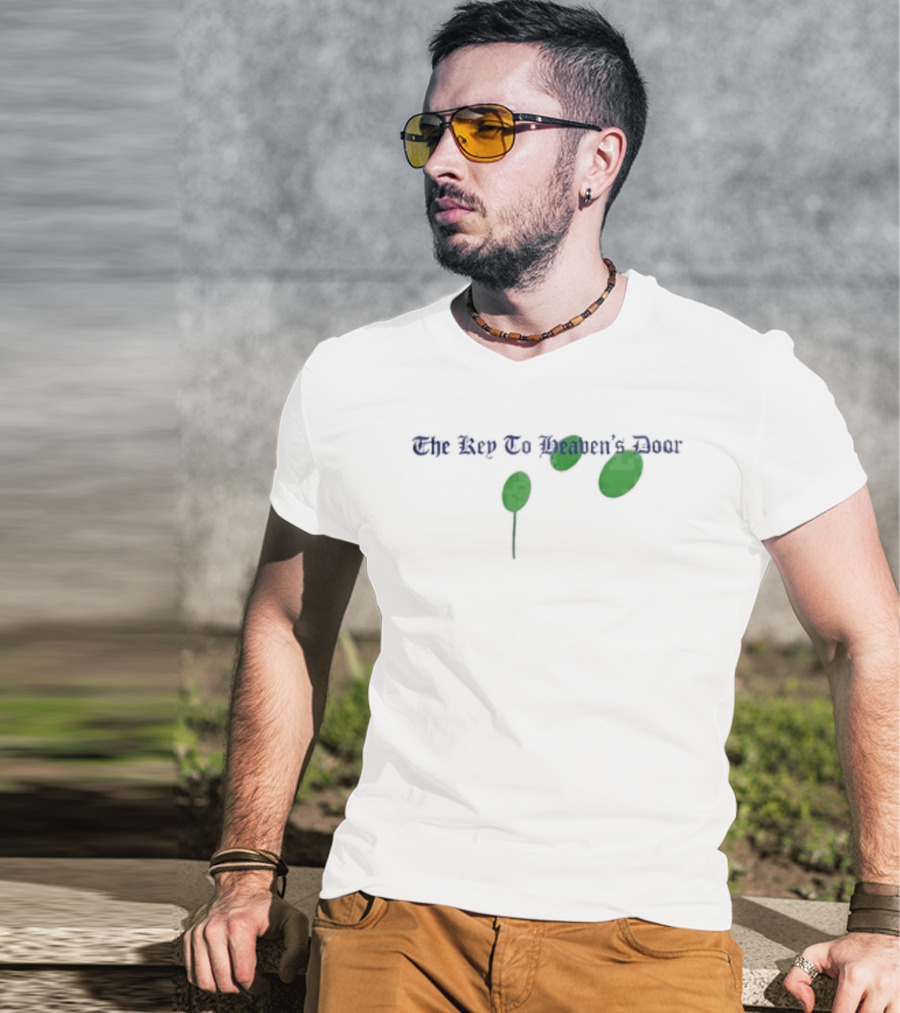 The Key To Heaven's Door Blue Lettering Three Green Ovals With Stem T-Shirt