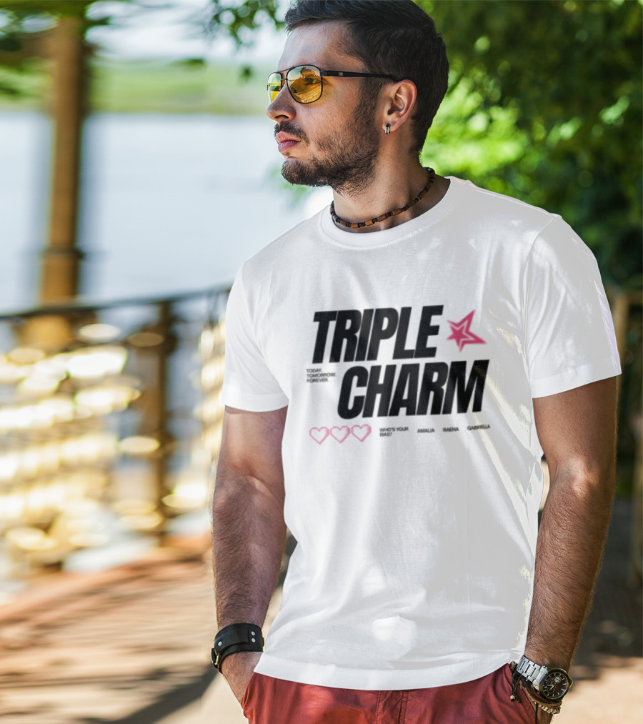 Triple Charm White Hearts Pink Star T-Shirt