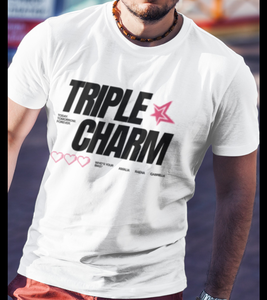 Triple Charm White Hearts Pink Star T-Shirt