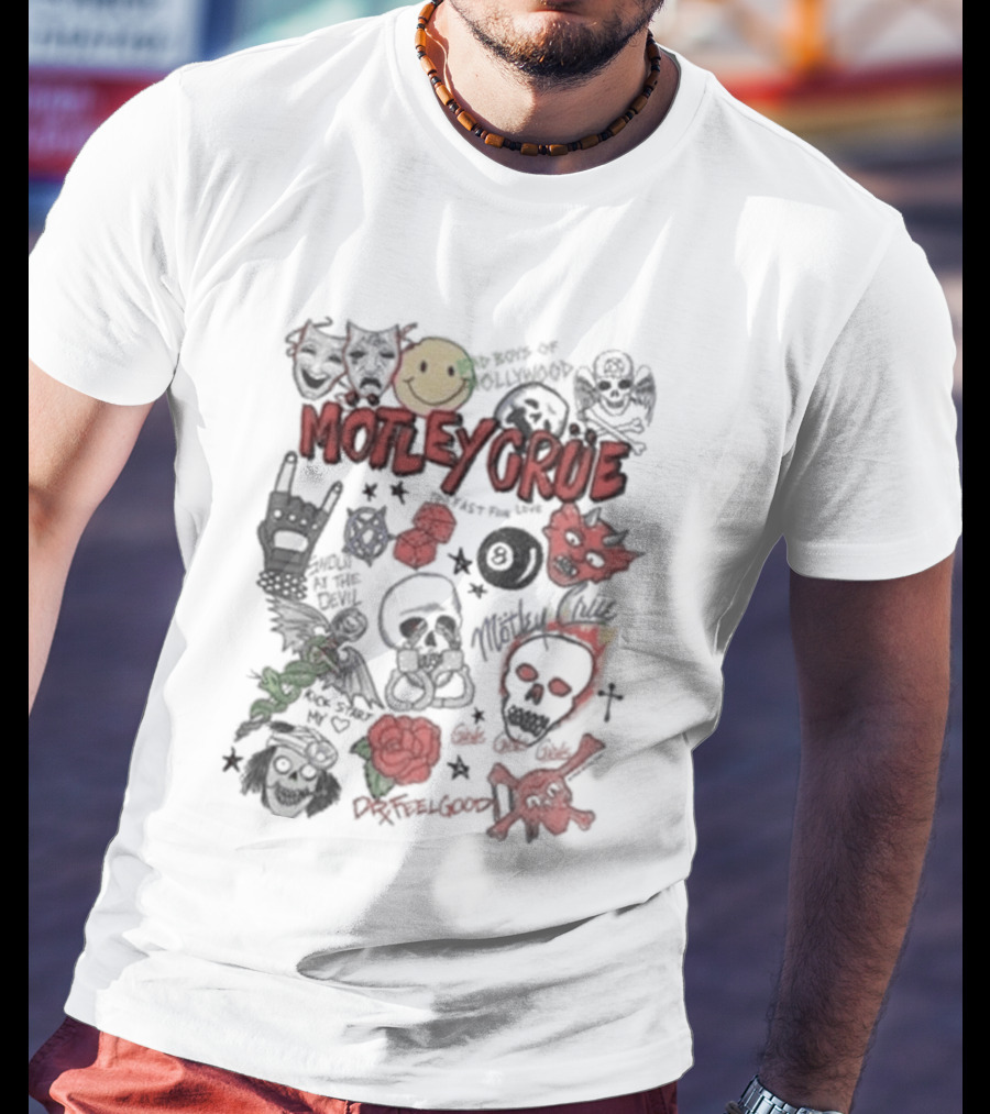 Motley Crue Album Doodle Collage Smiley Skull Roses Punk Rock T-Shirt
