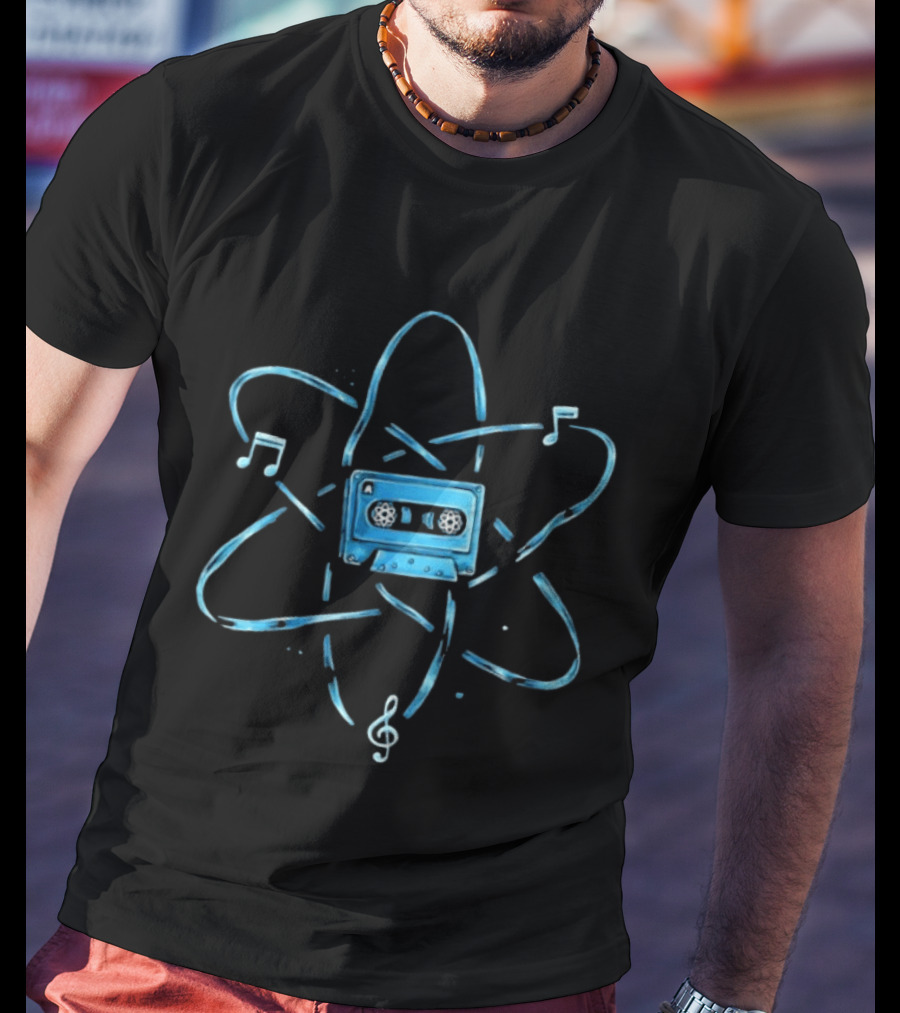 Atomic Cassette Tape Surrounded By Musical Notes And Atomic T-Shirt
