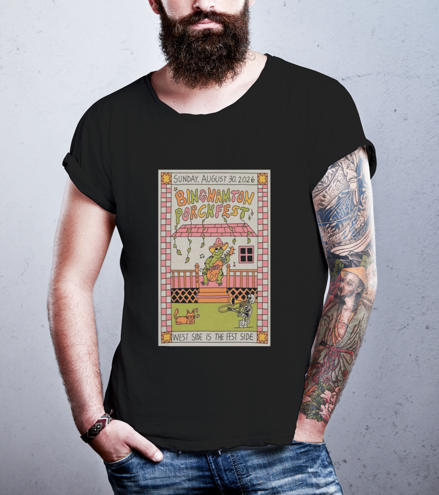 Binghamton Porchfest August 30 2026 West Side Is The Fest Side Sunday Concert Frog And Skeleton Player T-Shirt