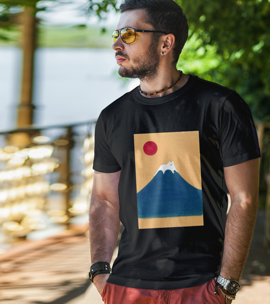 Meow Fuji Cat With Red Sun Illustration Japan T-Shirt