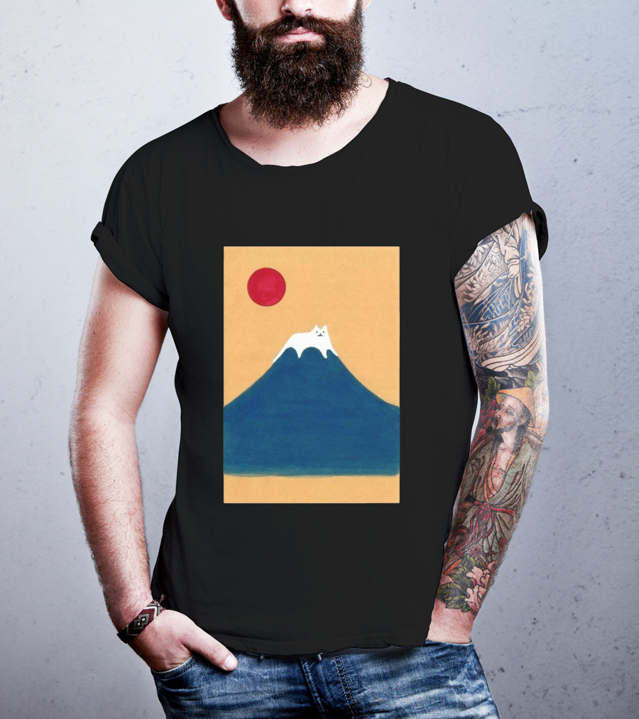Meow Fuji Cat With Red Sun Illustration Japan T-Shirt