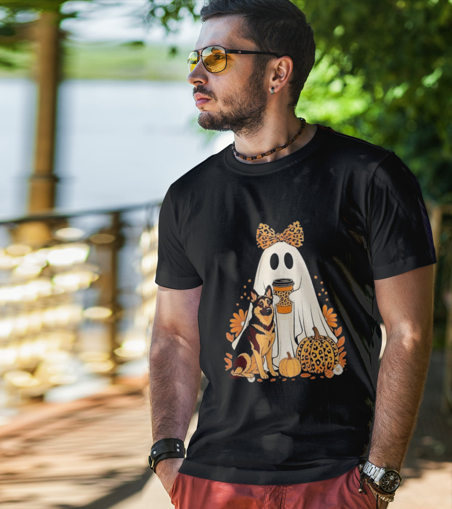 German Shepherd Ghost Leopard Pumpkin Coffee Halloween Bow T-Shirt