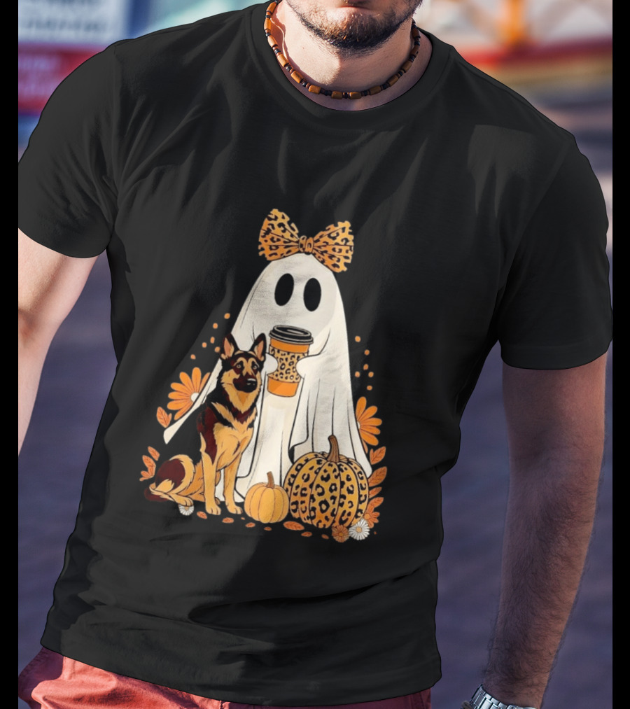 German Shepherd Ghost Leopard Pumpkin Coffee Halloween Bow T-Shirt