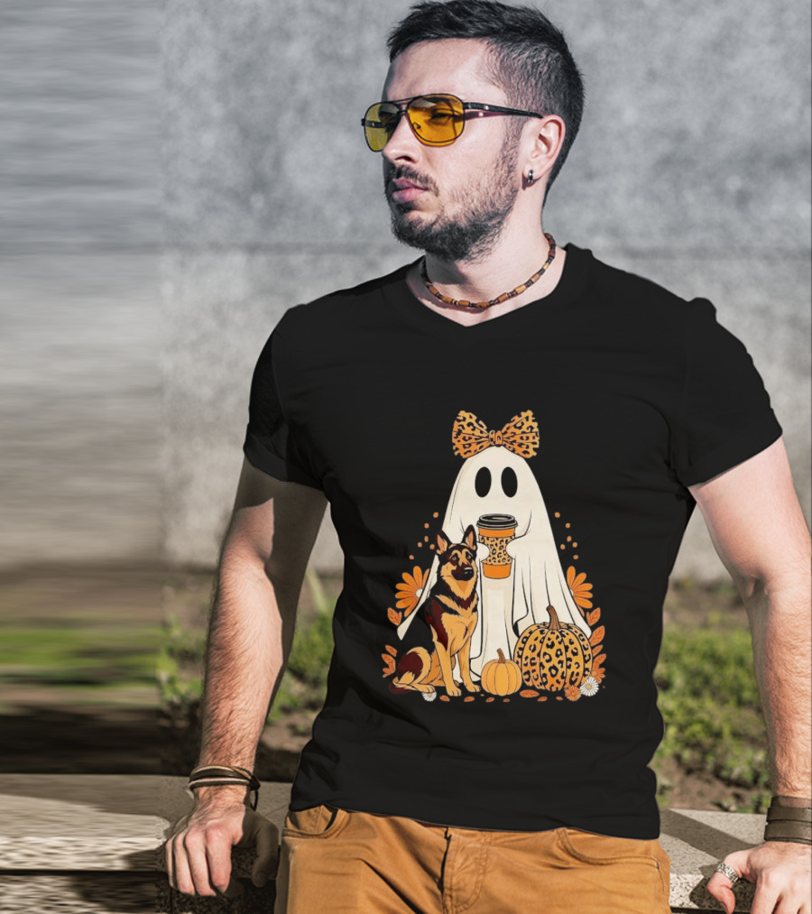 German Shepherd Ghost Leopard Pumpkin Coffee Halloween Bow T-Shirt