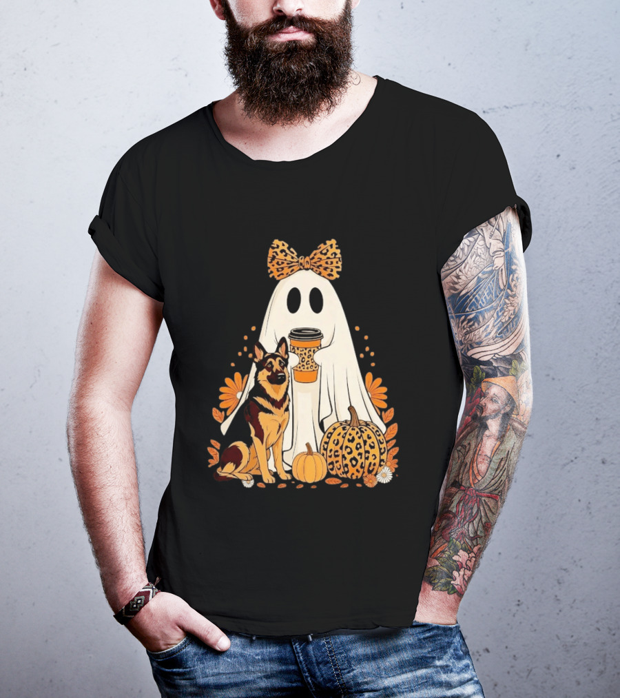 German Shepherd Ghost Leopard Pumpkin Coffee Halloween Bow T-Shirt