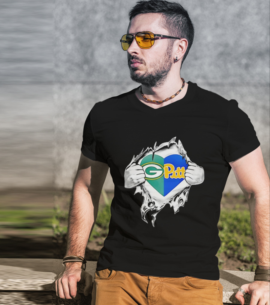 Green Bay Packers Pittsburgh Panthers Superman Heart Rip T-Shirt