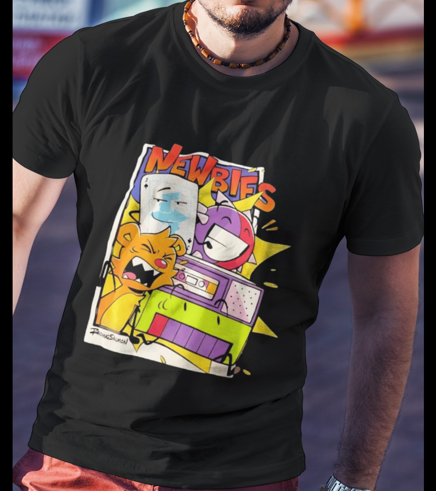 Newbies RaidingSalmon Cartoon Boombox And Cards Explosion T-Shirt