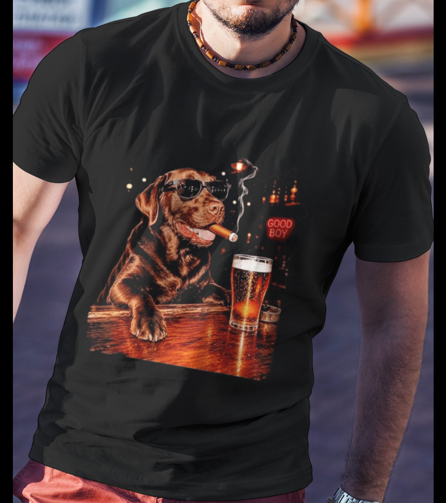 Silly Chocolate Labrador Retriever Drinking Beer Cigar Dog Good Boy Bar Night T-Shirt