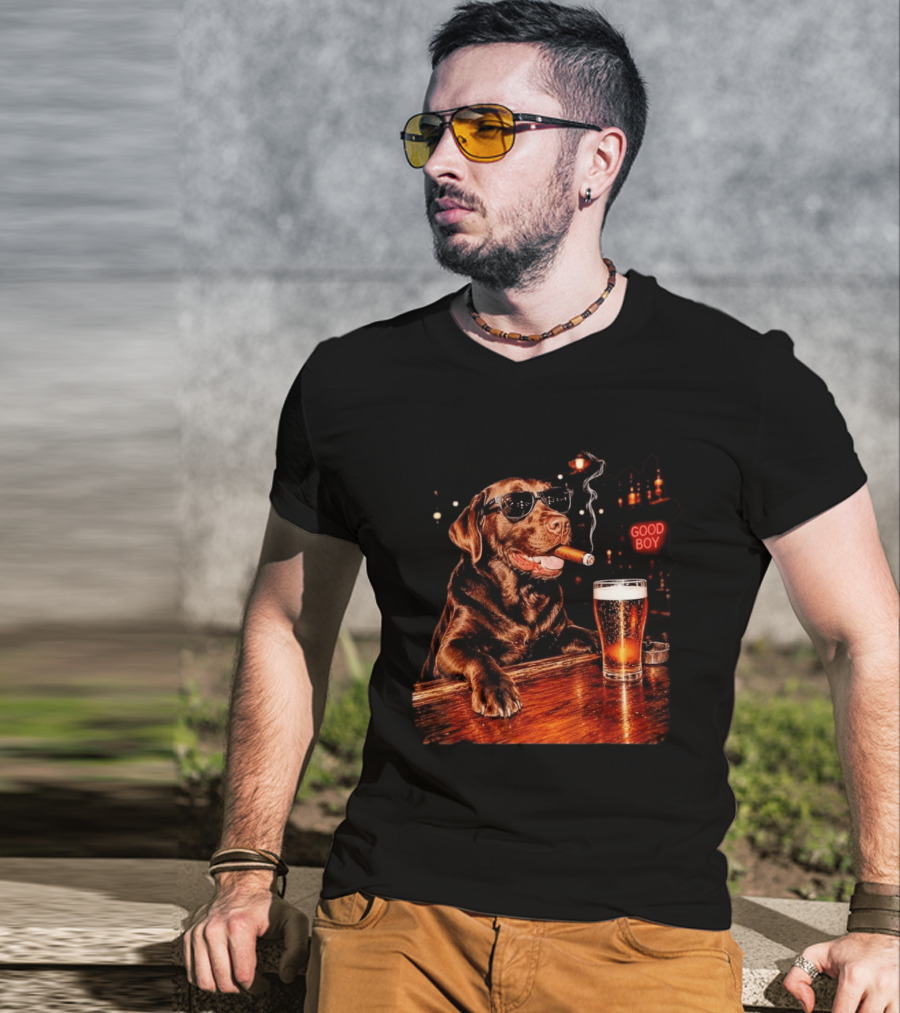 Silly Chocolate Labrador Retriever Drinking Beer Cigar Dog Good Boy Bar Night T-Shirt