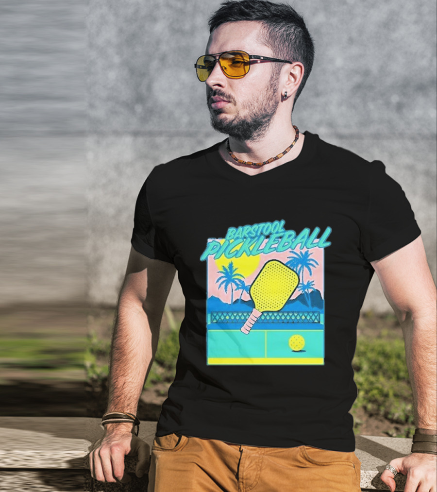 Barstool Pickleball Tropical Retro Paddle And Palm Trees T-Shirt