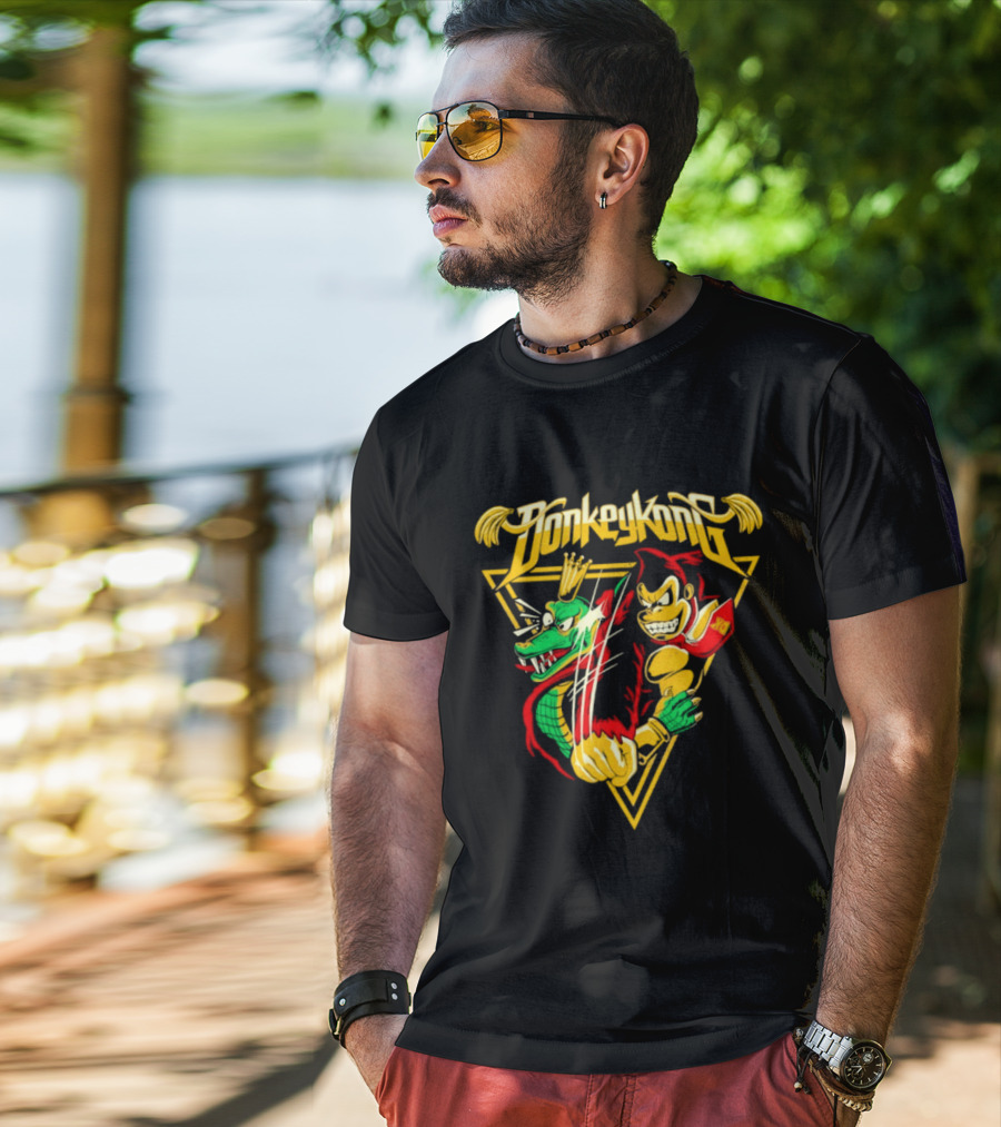 Donkey Kong Cartoon Retro Style Triangular Battle Scene T-Shirt