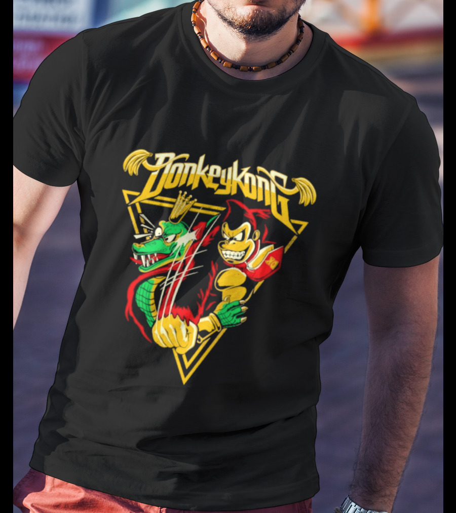 Donkey Kong Cartoon Retro Style Triangular Battle Scene T-Shirt
