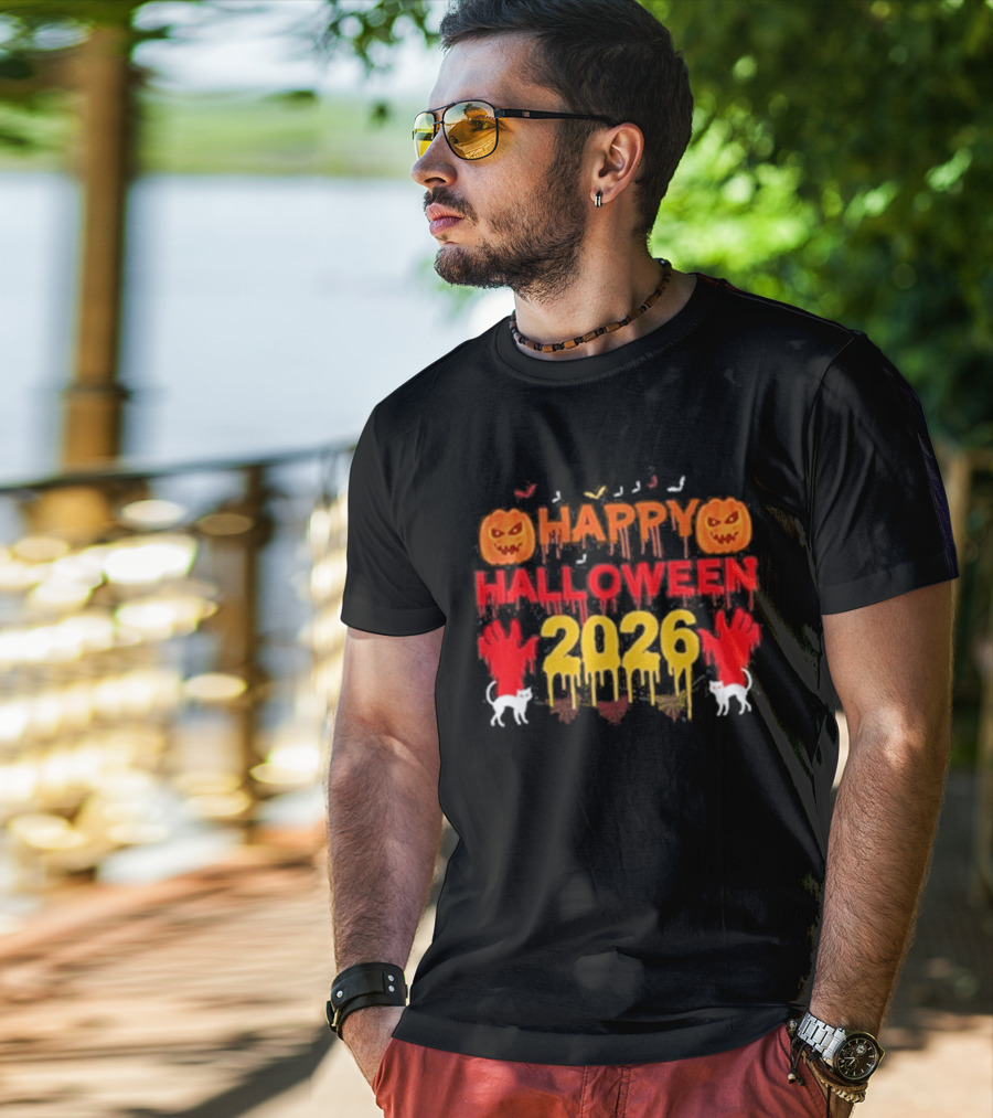 Happy Halloween 2026 Spooky Pumpkin Ghosts And Cats T-Shirt