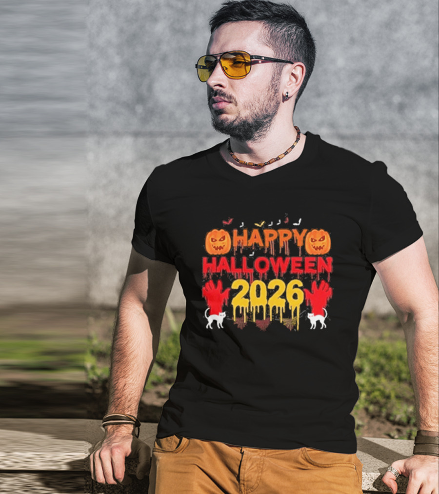 Happy Halloween 2026 Spooky Pumpkin Ghosts And Cats T-Shirt