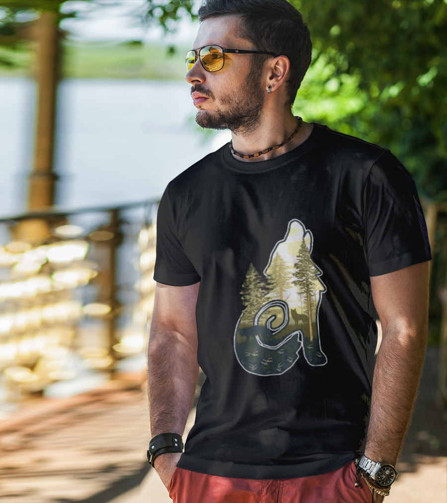 Wolf Howling Forest Scene Fahlo Nature Wildlife T-Shirt