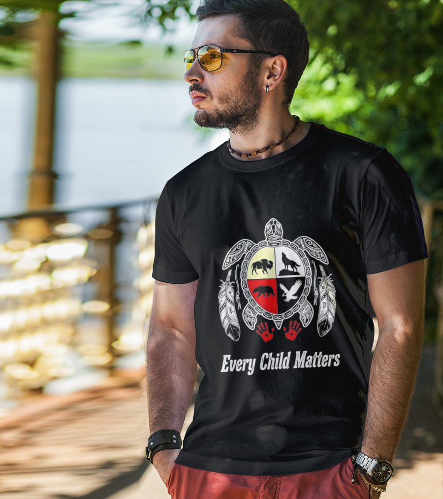 Every Child Matters Native American Turtle Medicine Wheel Feathers And Red Handprints T-Shirt