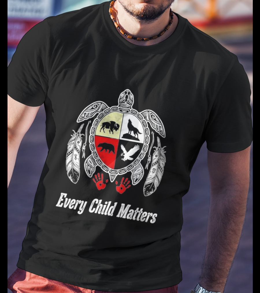 Every Child Matters Native American Turtle Medicine Wheel Feathers And Red Handprints T-Shirt