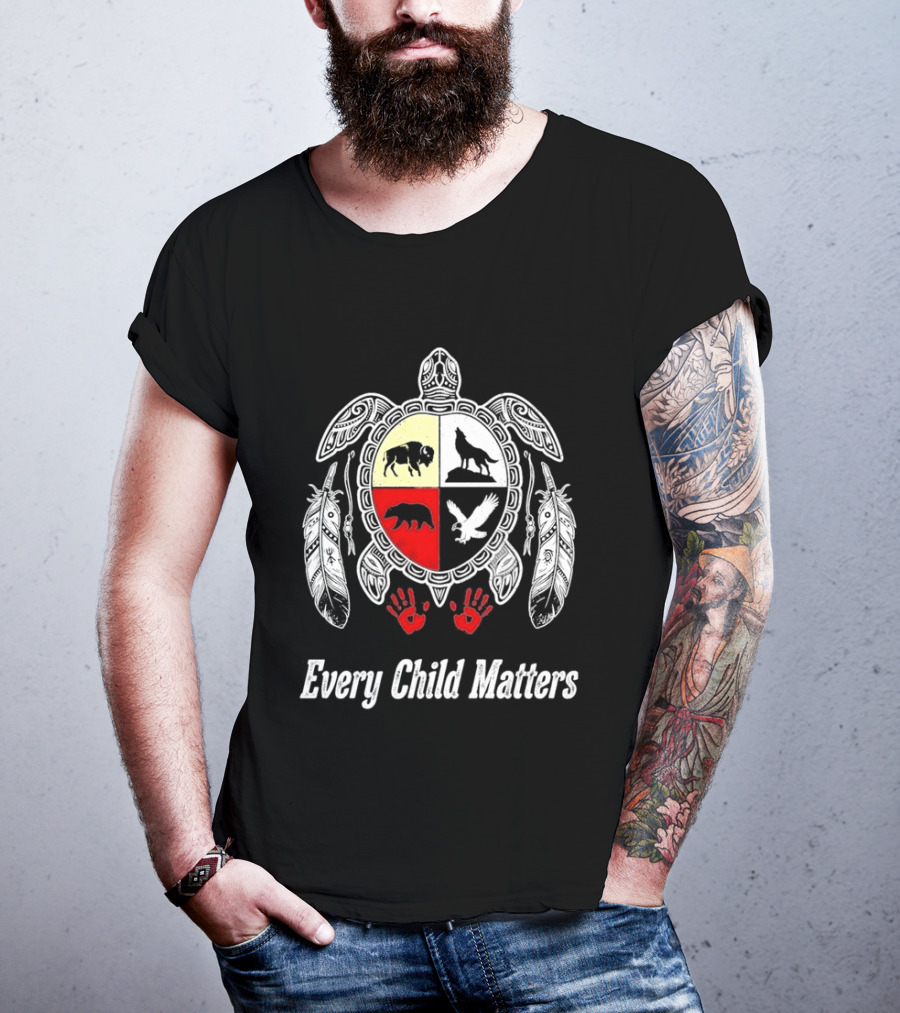 Every Child Matters Native American Turtle Medicine Wheel Feathers And Red Handprints T-Shirt