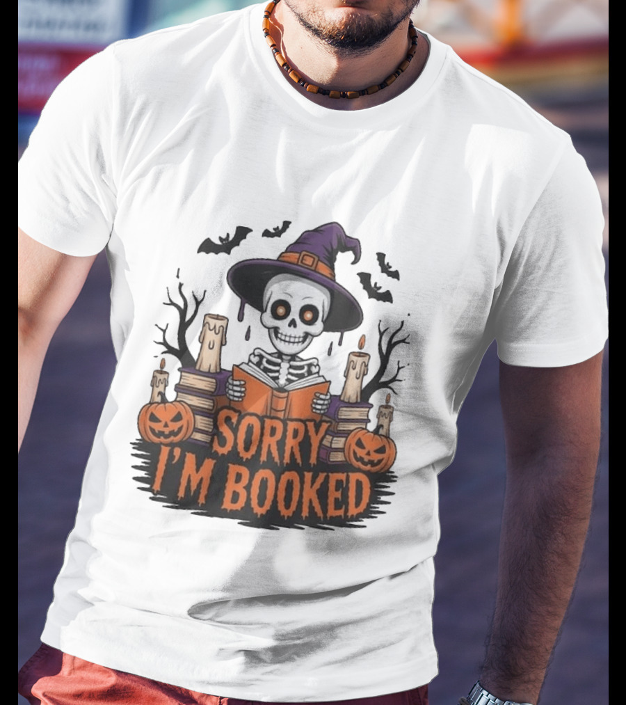 Sorry I'm Booked Skeleton Witch Halloween Reading Pumpkins Spooky Books T-Shirt