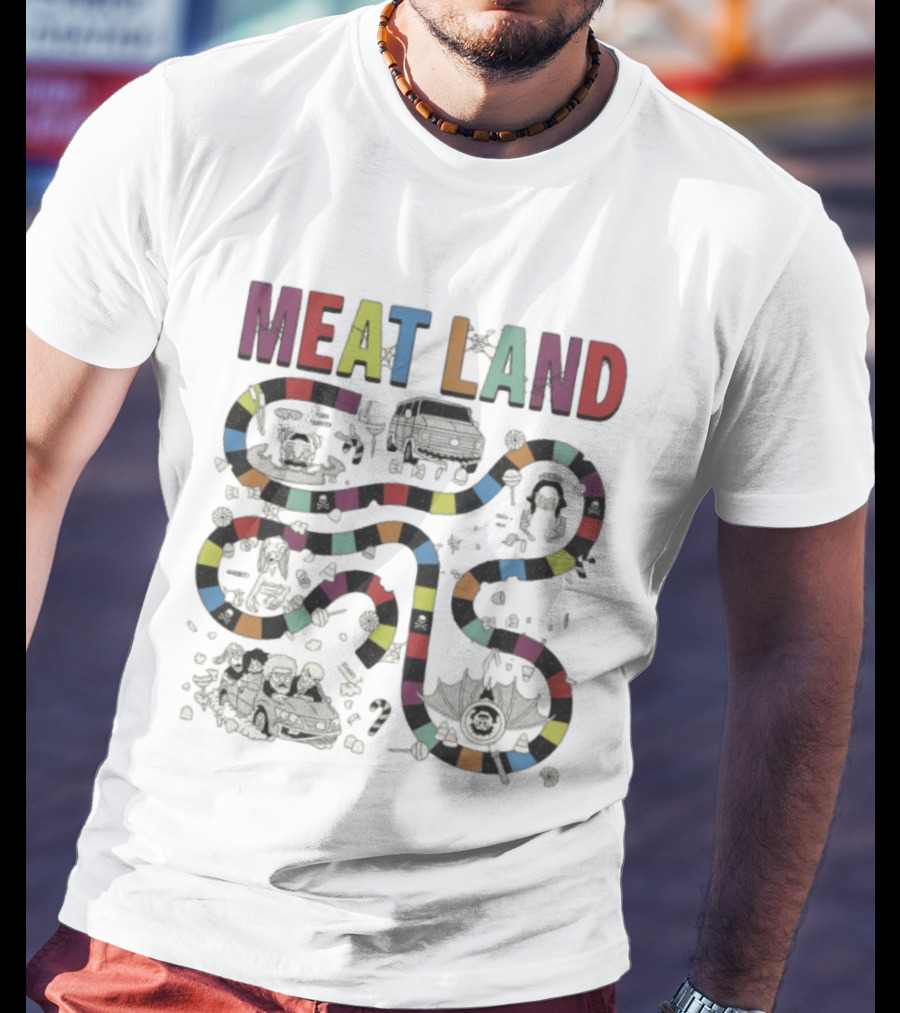 Meatcanyon Store Meat Land Off White Board Game Path Characters T-Shirt