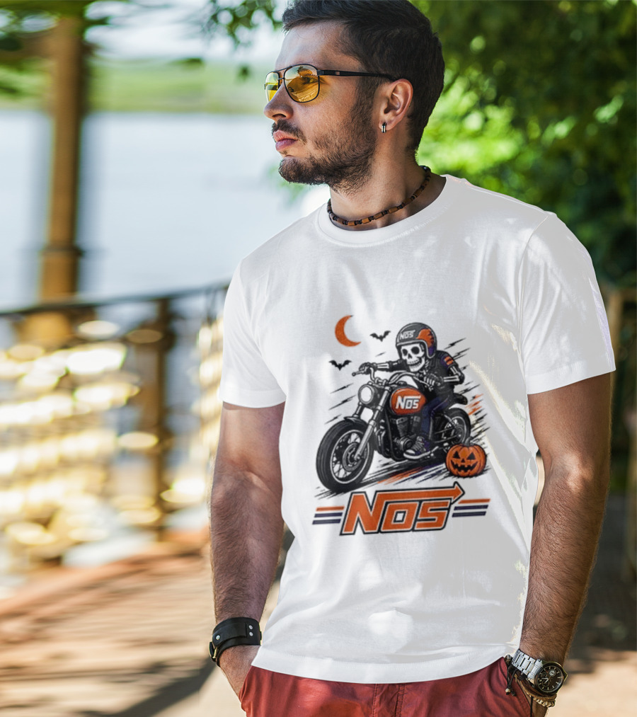 NOS Skeleton Biker Halloween Pumpkin Moon Bats T-Shirt