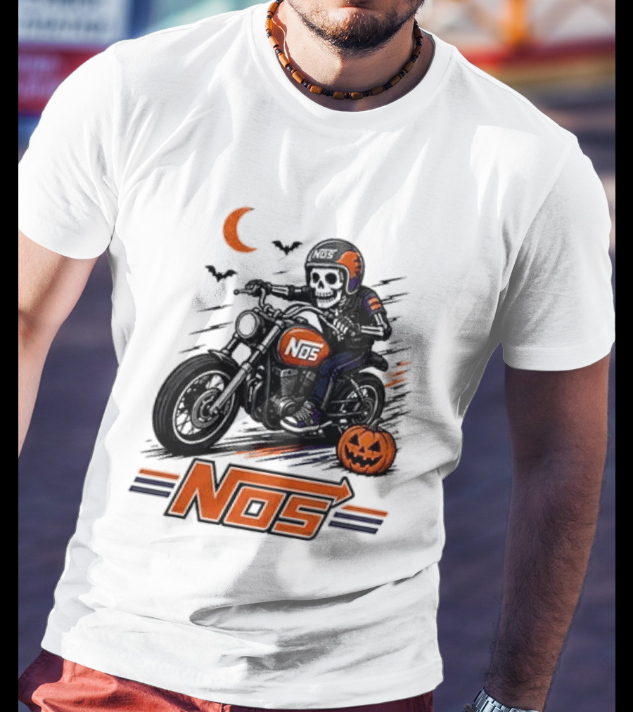 NOS Skeleton Biker Halloween Pumpkin Moon Bats T-Shirt