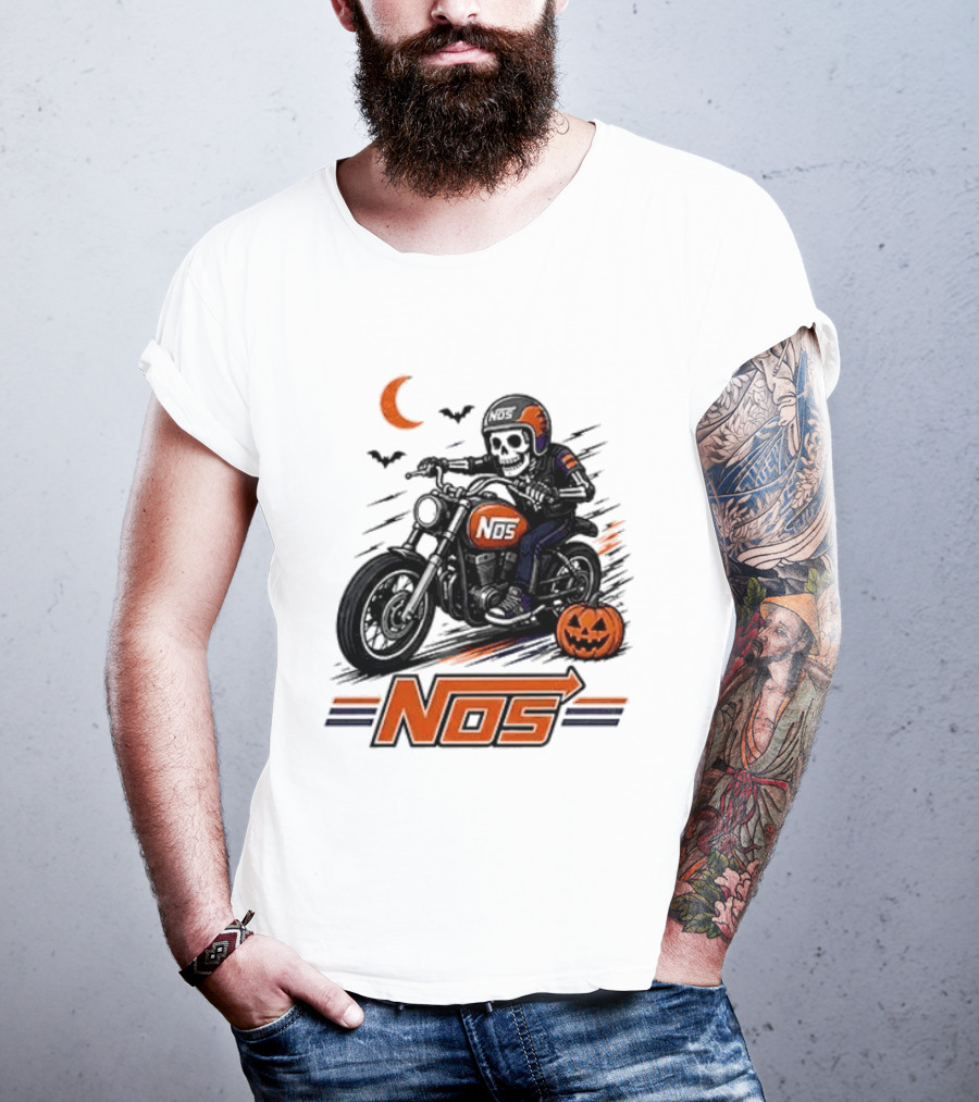 NOS Skeleton Biker Halloween Pumpkin Moon Bats T-Shirt